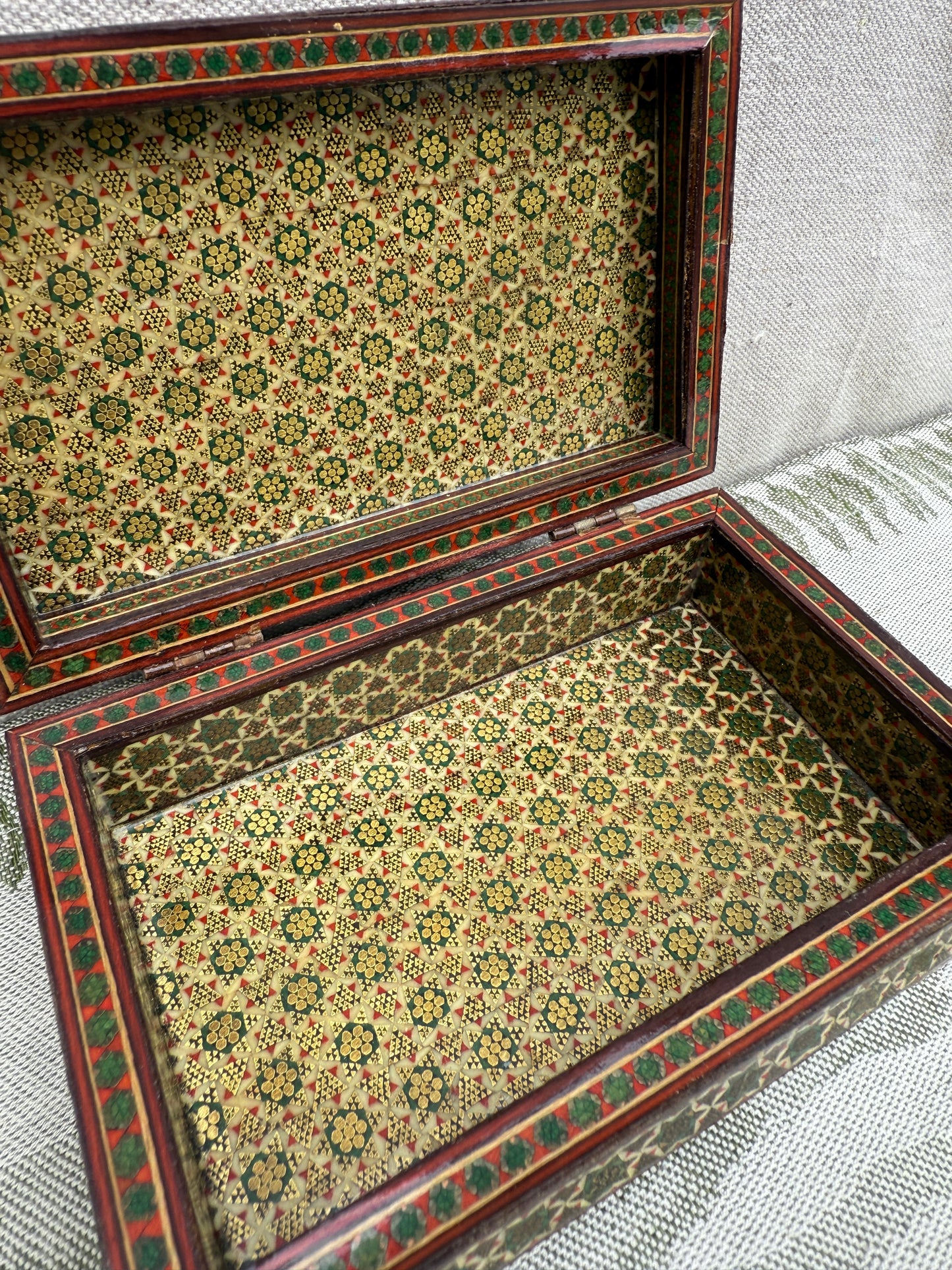 Vintage Persian Khatam Lacquered Wood Jewelry Box