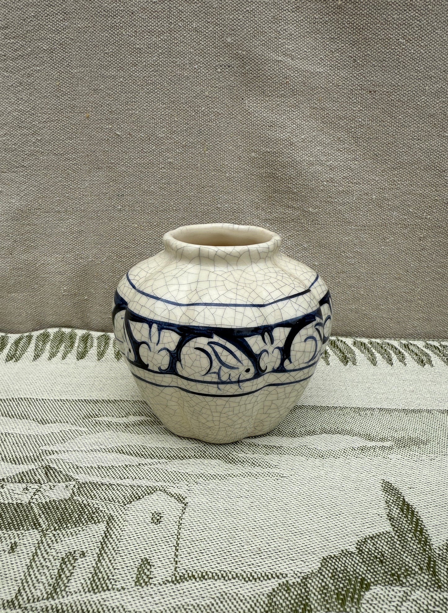 Vintage Dedham Pottery Vase - Blue and White Hand-Painted Rabbit Border