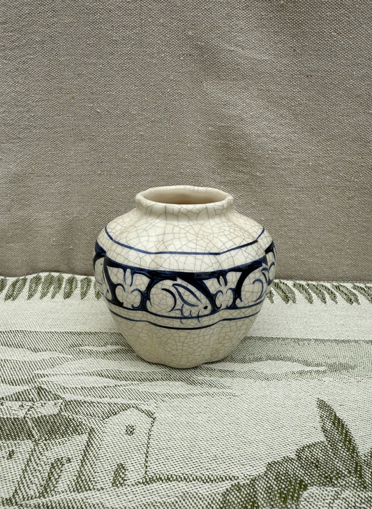 Vintage Dedham Pottery Vase - Blue and White Hand-Painted Rabbit Border
