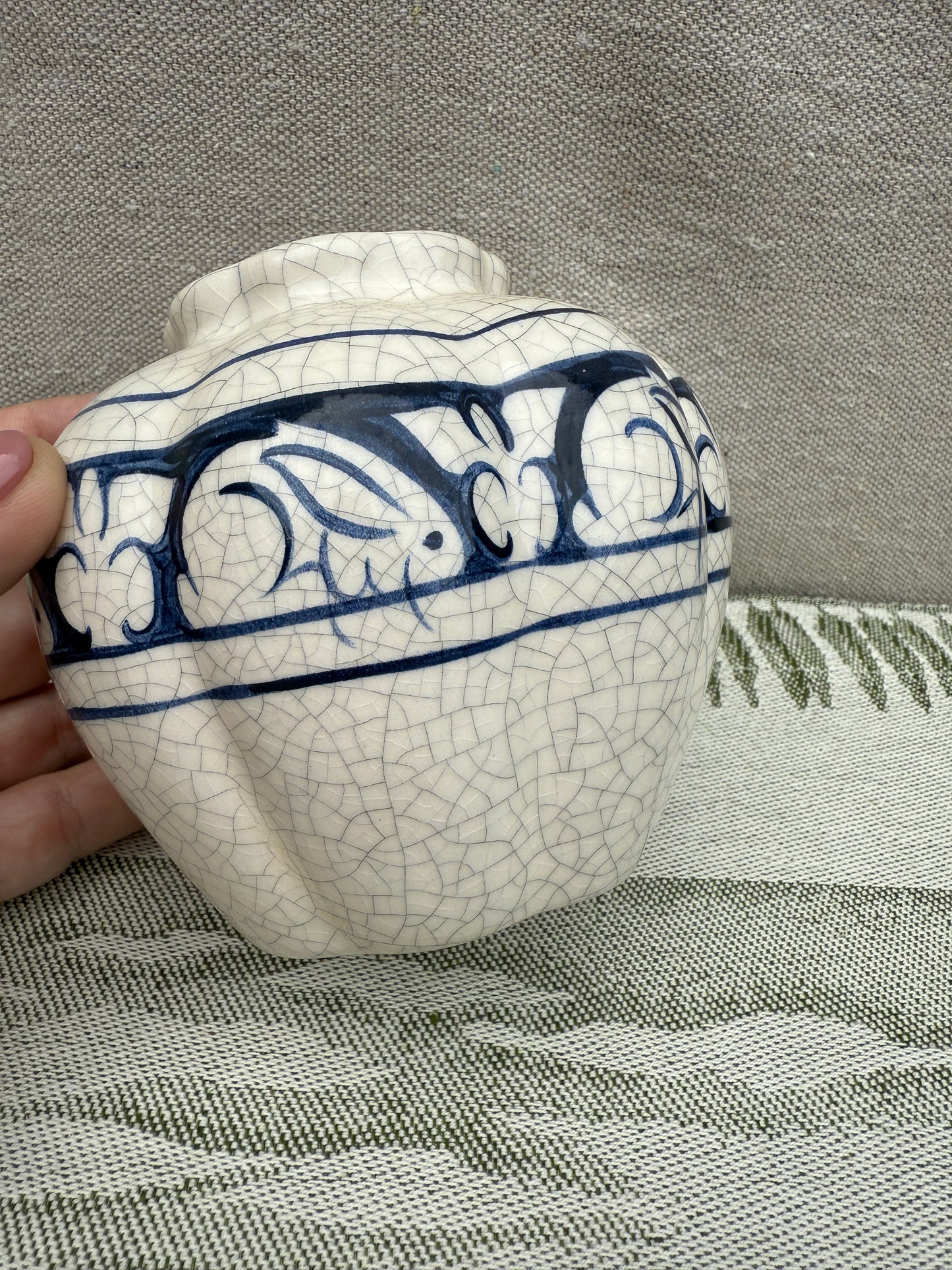 Vintage Dedham Pottery Vase - Blue and White Hand-Painted Rabbit Border