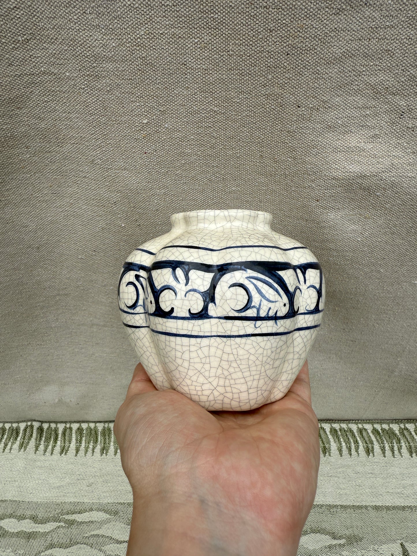 Vintage Dedham Pottery Vase - Blue and White Hand-Painted Rabbit Border