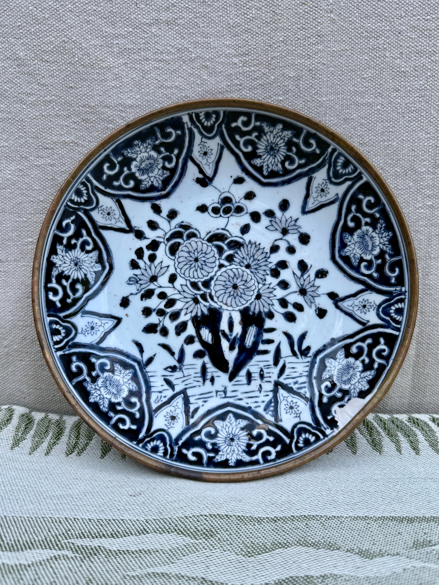 Vintage Japanese Blue & White Porcelain Bowl - Hand-Painted Floral Design with Brass Rim