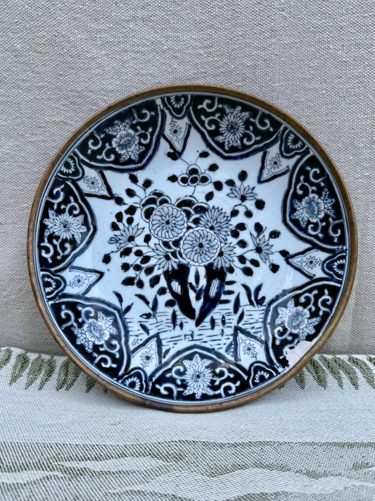 Vintage Japanese Blue & White Porcelain Bowl - Hand-Painted Floral Design with Brass Rim