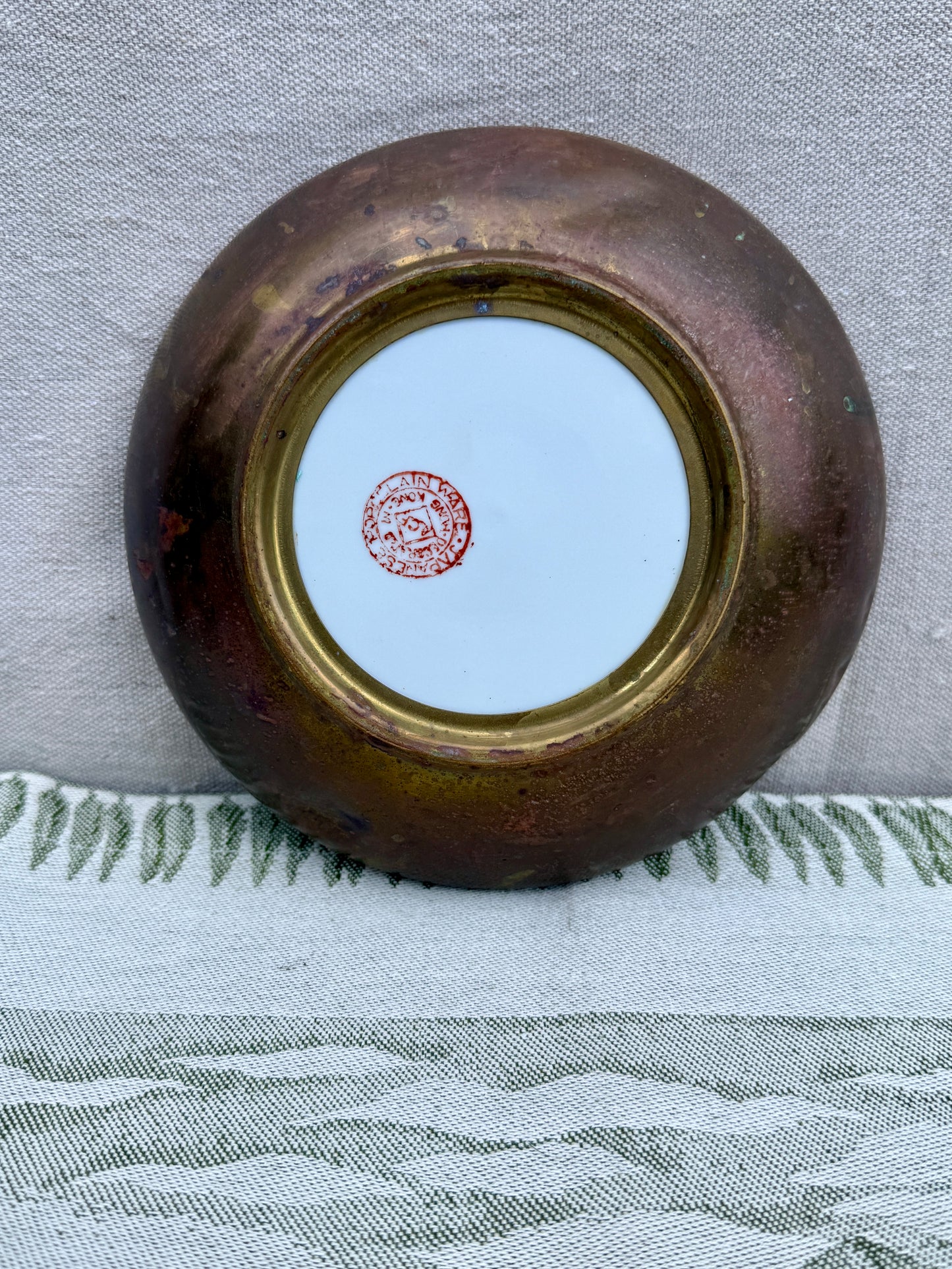 Vintage Japanese Blue & White Porcelain Bowl - Hand-Painted Floral Design with Brass Rim