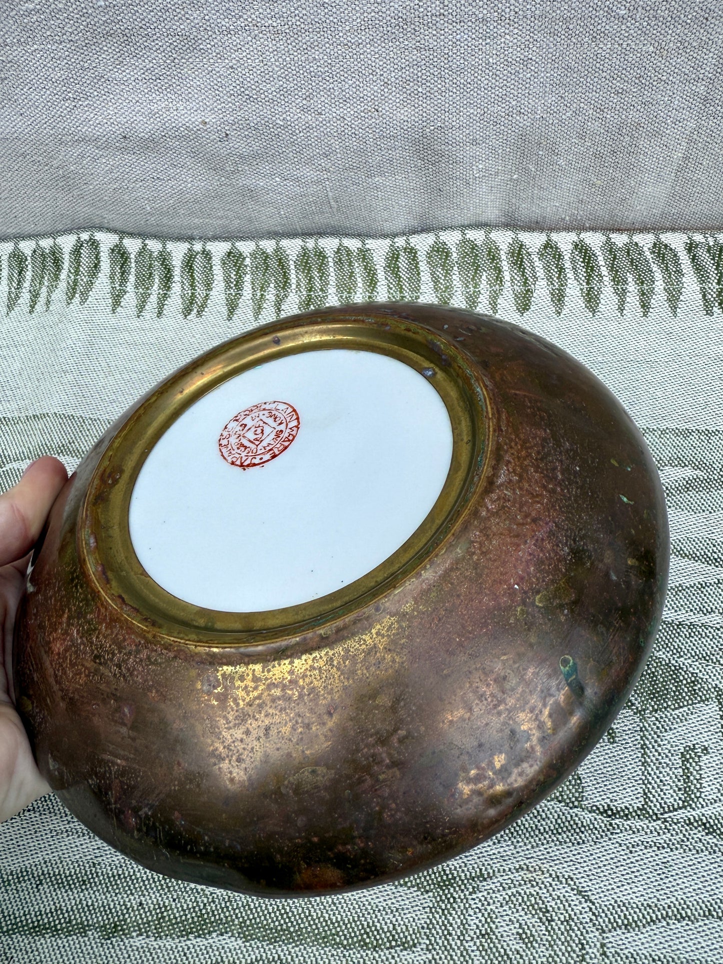 Vintage Japanese Blue & White Porcelain Bowl - Hand-Painted Floral Design with Brass Rim