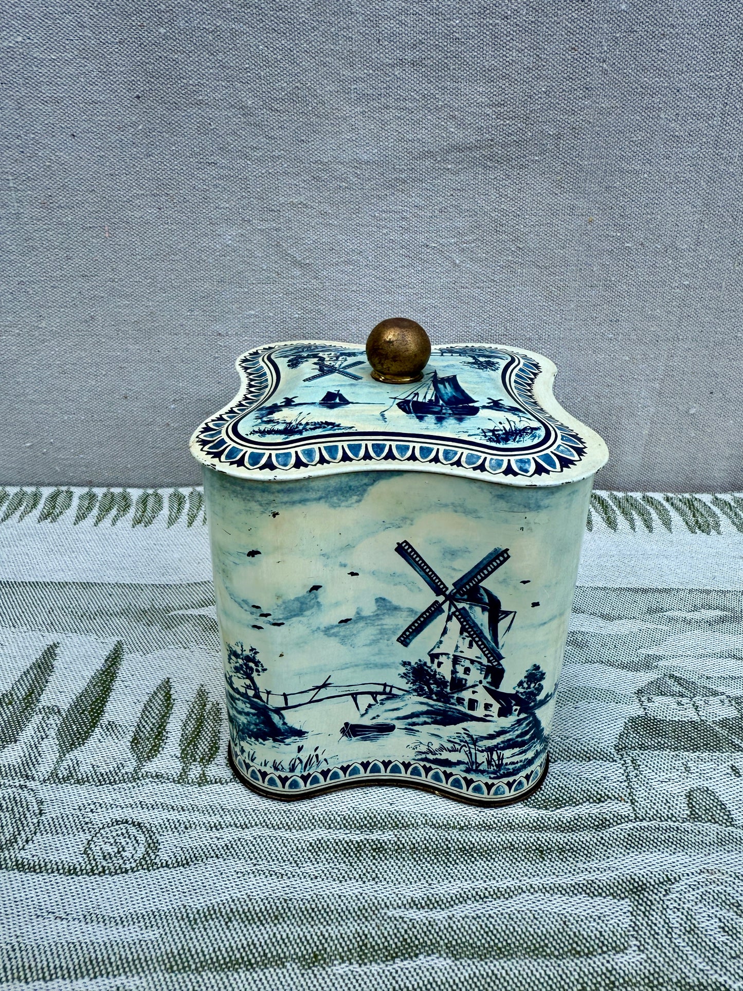 Vintage Dutch Blue and White Tin Canister with Lid