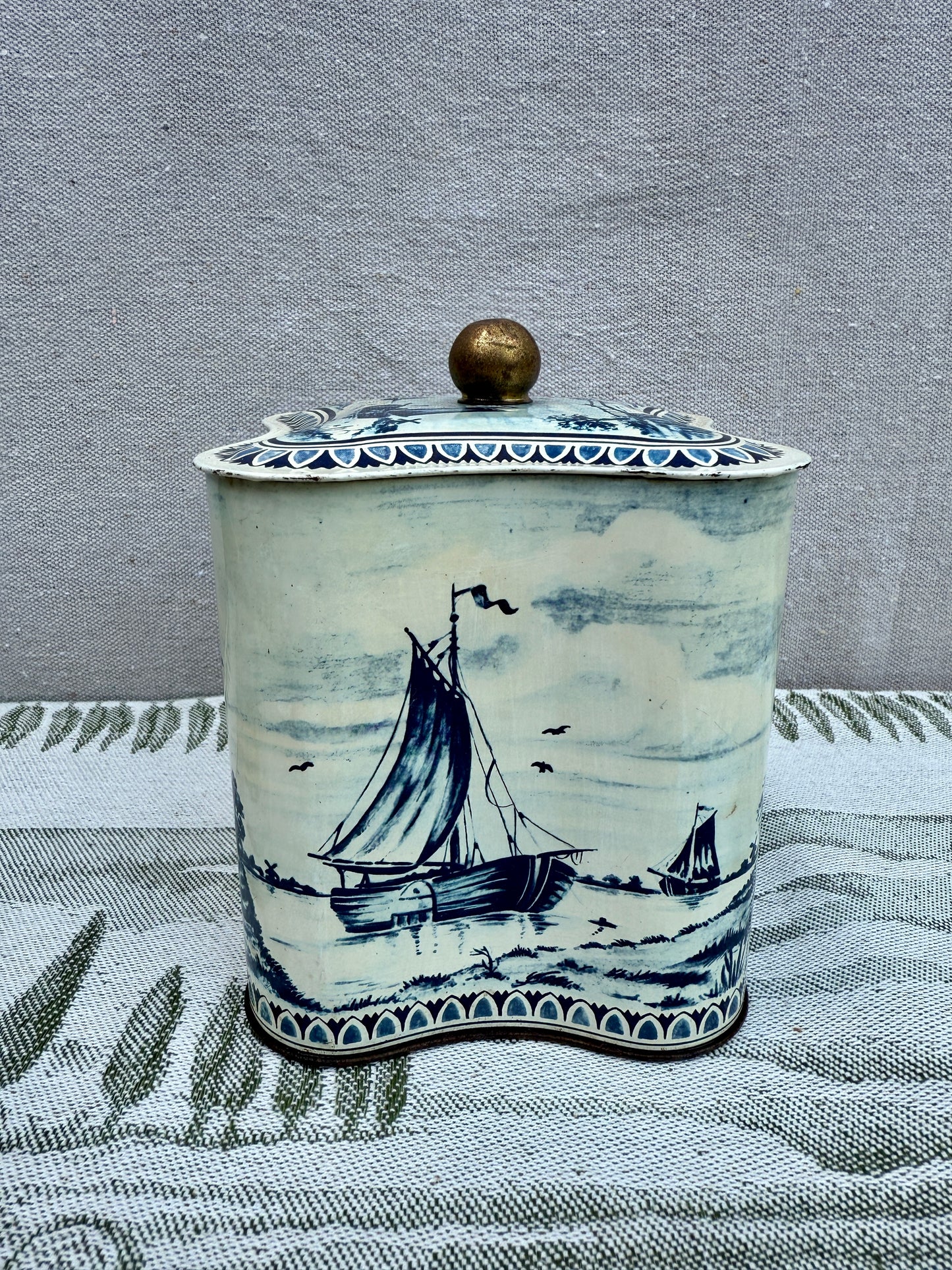 Vintage Dutch Blue and White Tin Canister with Lid