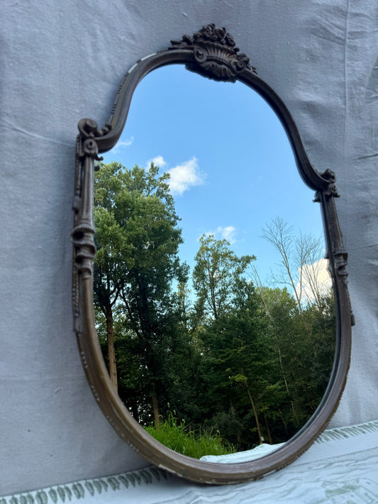Antique French Louis XV Style Ornate Oval Mirror with Carved Floral Crest