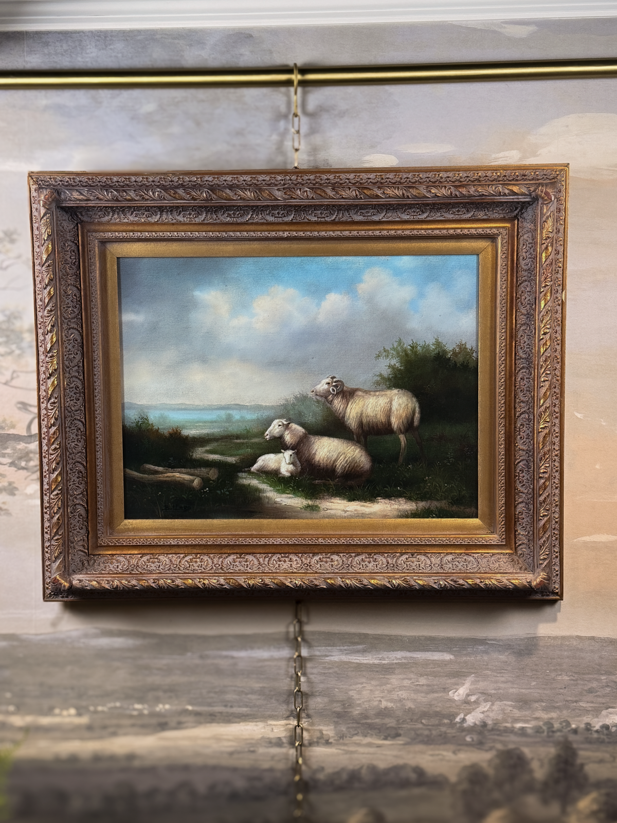 Sheep family in open landscape, signed Bullard, oil on canvas