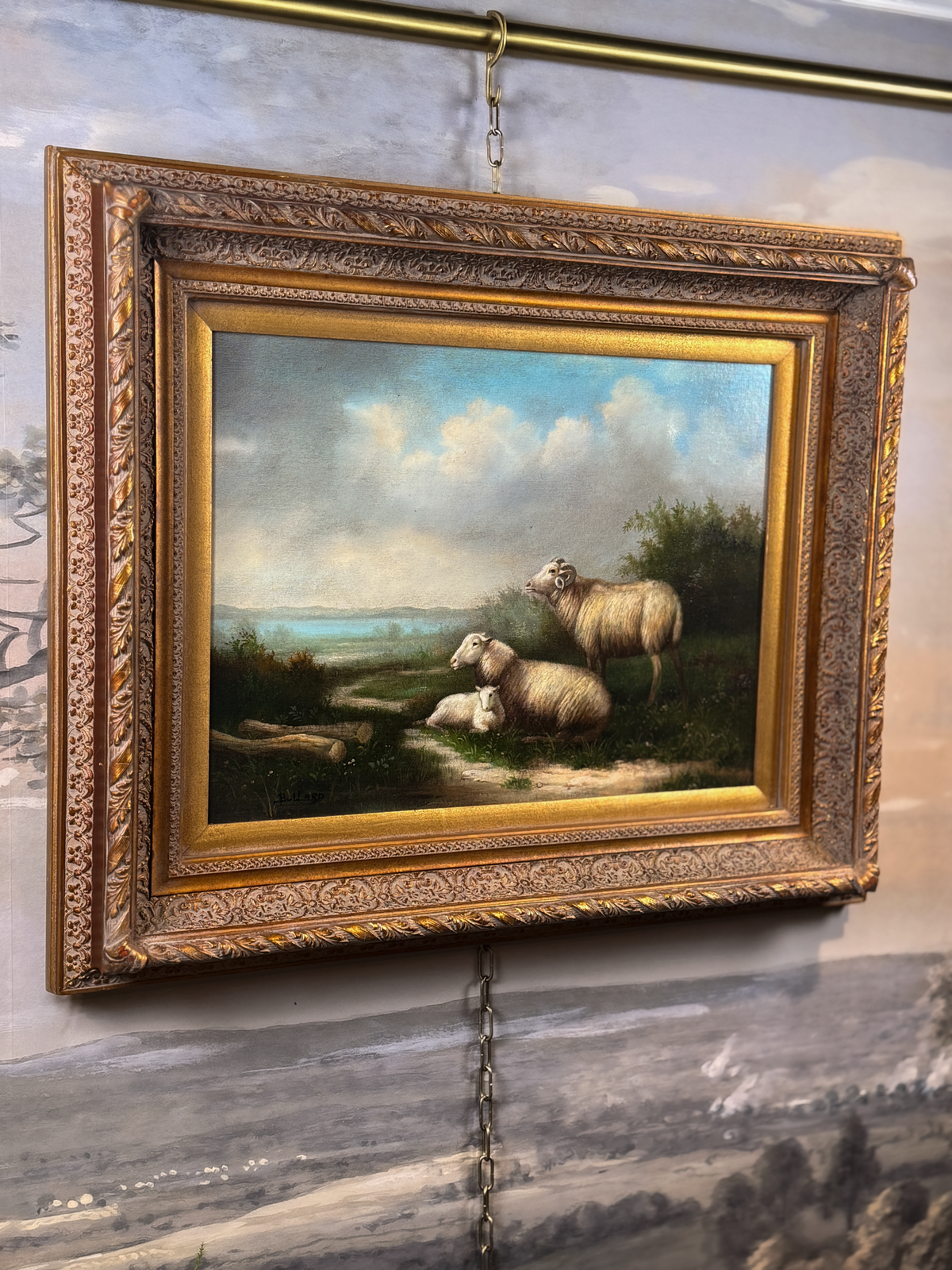 Sheep family in open landscape, signed Bullard, oil on canvas