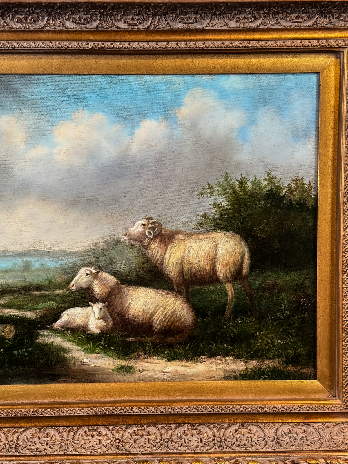 Sheep family in open landscape, signed Bullard, oil on canvas
