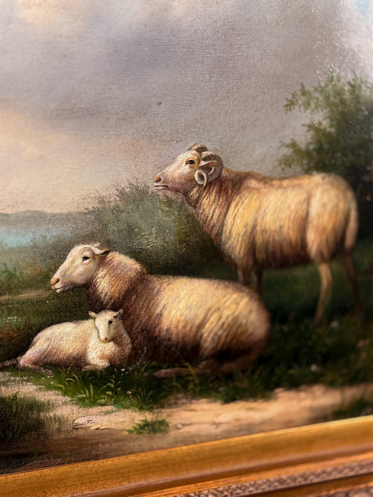 Sheep family in open landscape, signed Bullard, oil on canvas