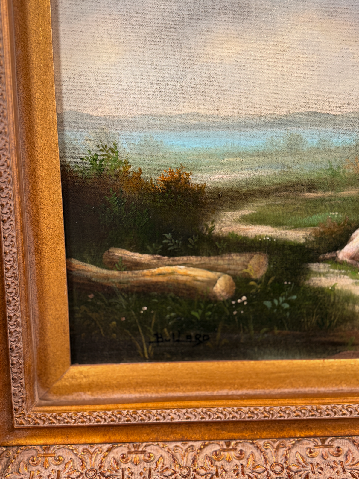 Sheep family in open landscape, signed Bullard, oil on canvas