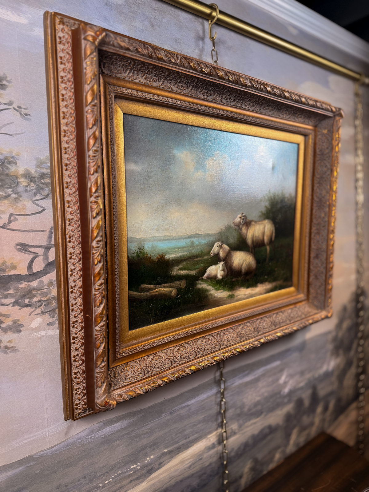 Sheep family in open landscape, signed Bullard, oil on canvas