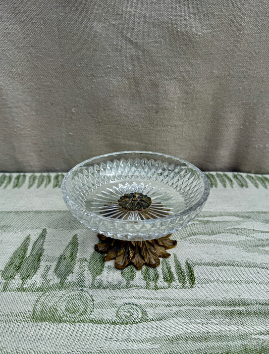 Vintage Cut Crystal Trinket Dish with Ornate Brass Pedestal Base