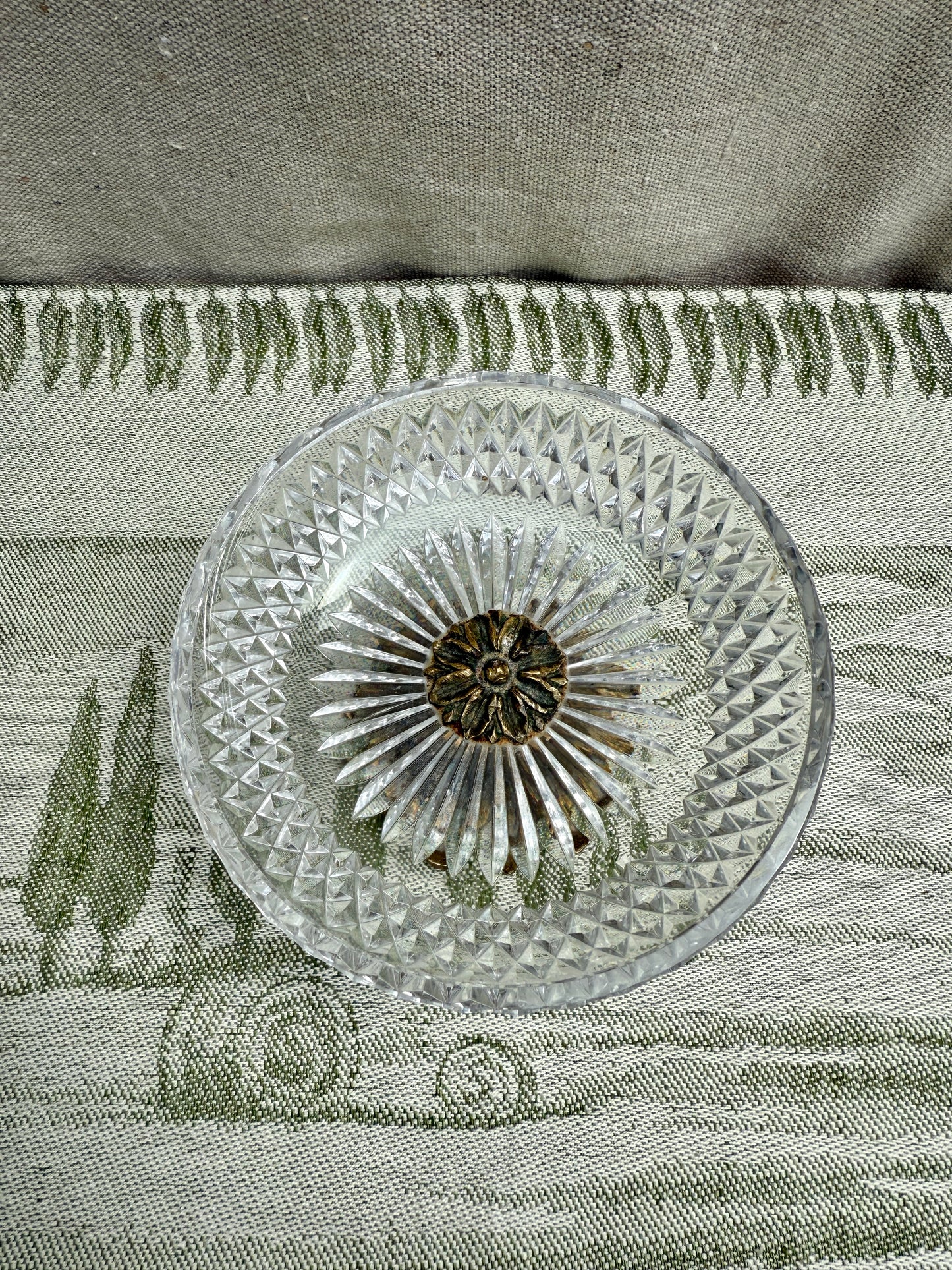 Vintage Cut Crystal Trinket Dish with Ornate Brass Pedestal Base