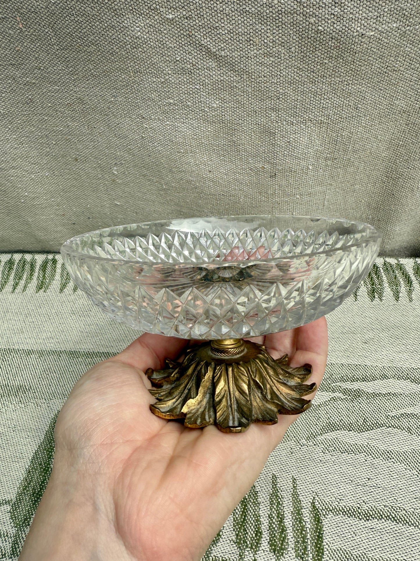 Vintage Cut Crystal Trinket Dish with Ornate Brass Pedestal Base