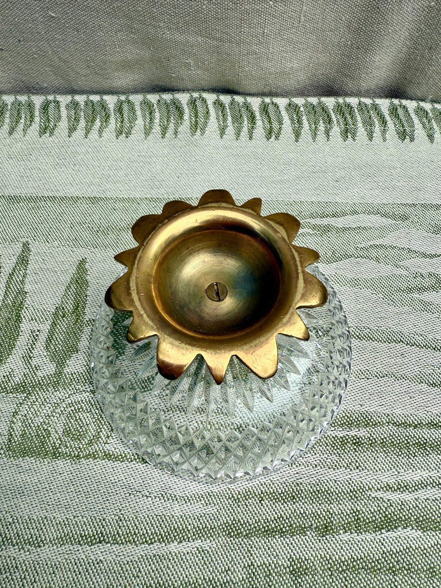 Vintage Cut Crystal Trinket Dish with Ornate Brass Pedestal Base