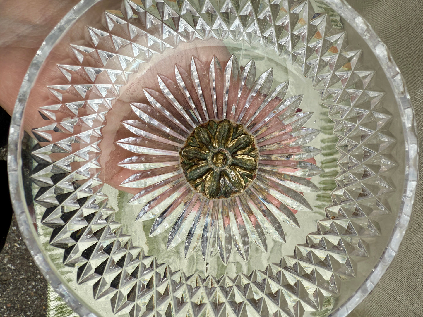Vintage Cut Crystal Trinket Dish with Ornate Brass Pedestal Base