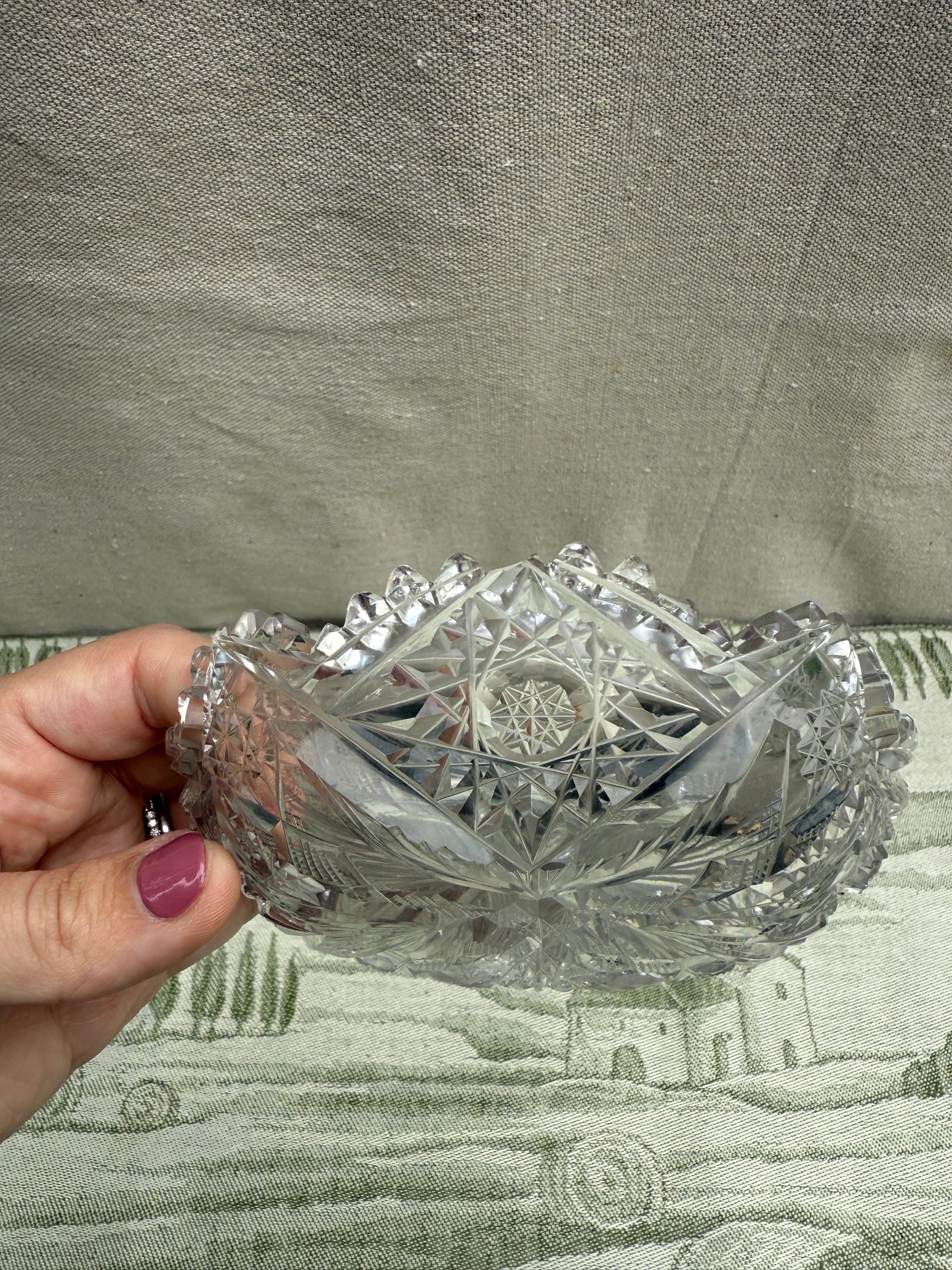 Vintage Cut Crystal Sawtooth Edge Trinket Dish