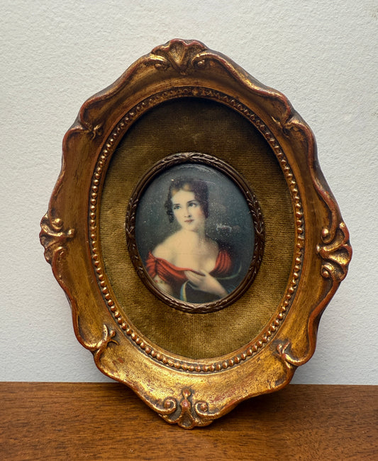 Antique miniature portrait of lady with olive velvet matting