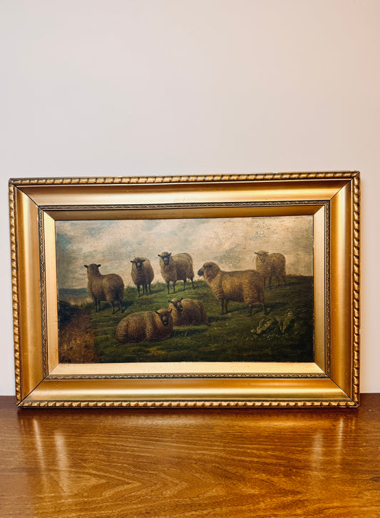Antique oil of sheep in pastoral landscape