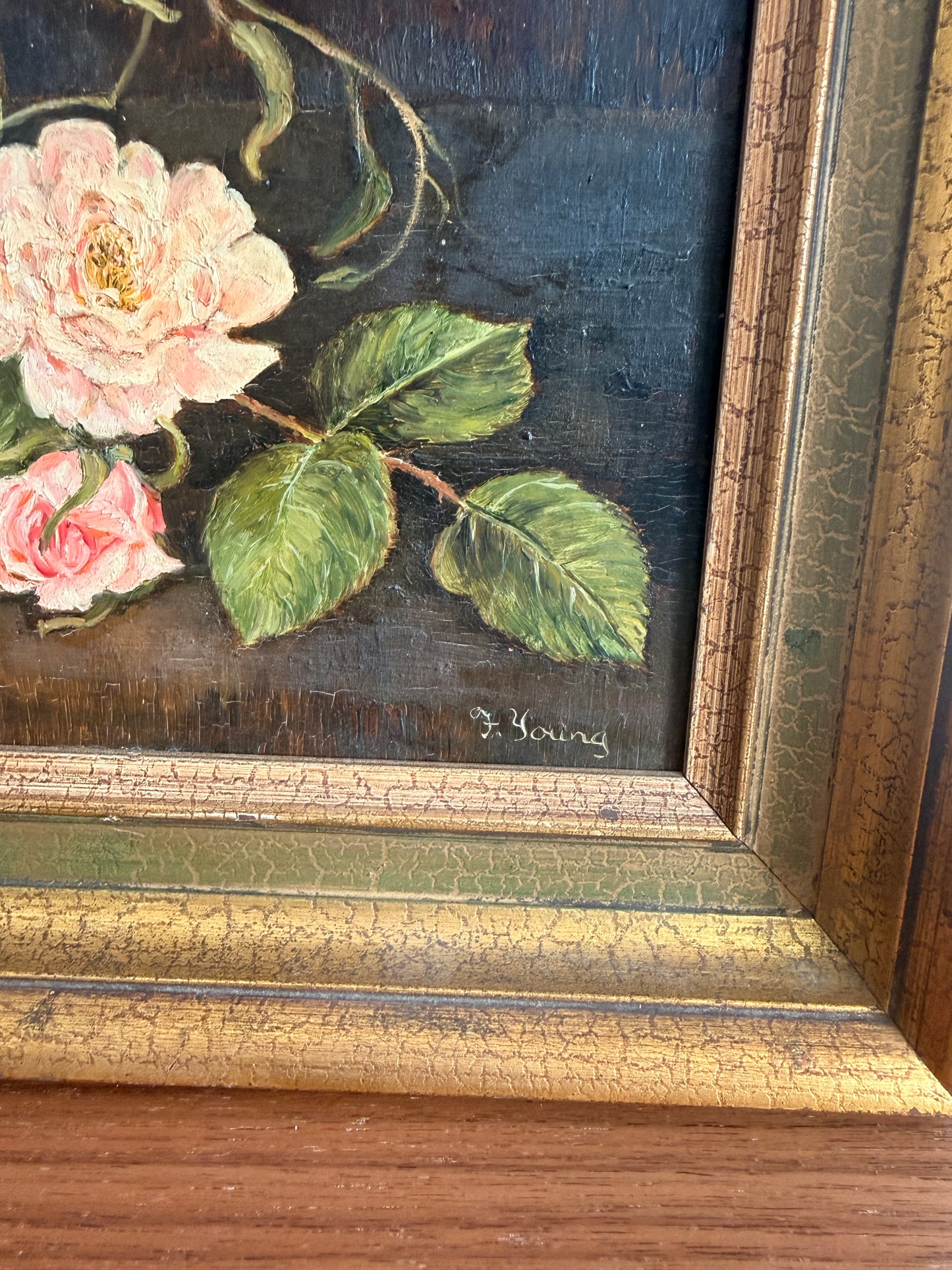 Still life of crystal candlestick with roses & clematis