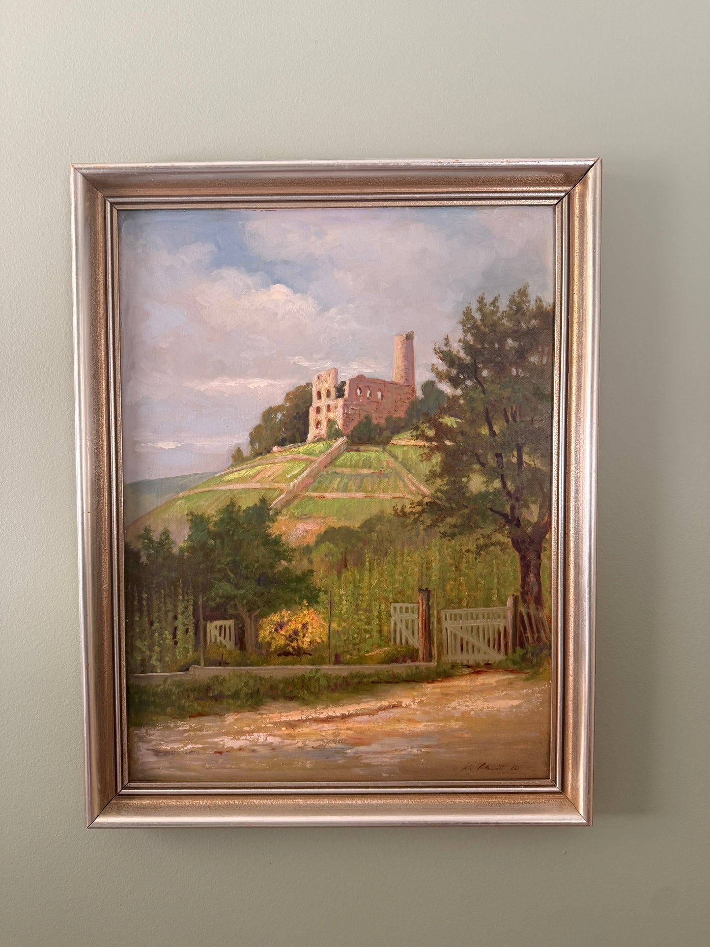 Vintage oil painting of castle ruins with vineyards, signed K. Schmitt 1950