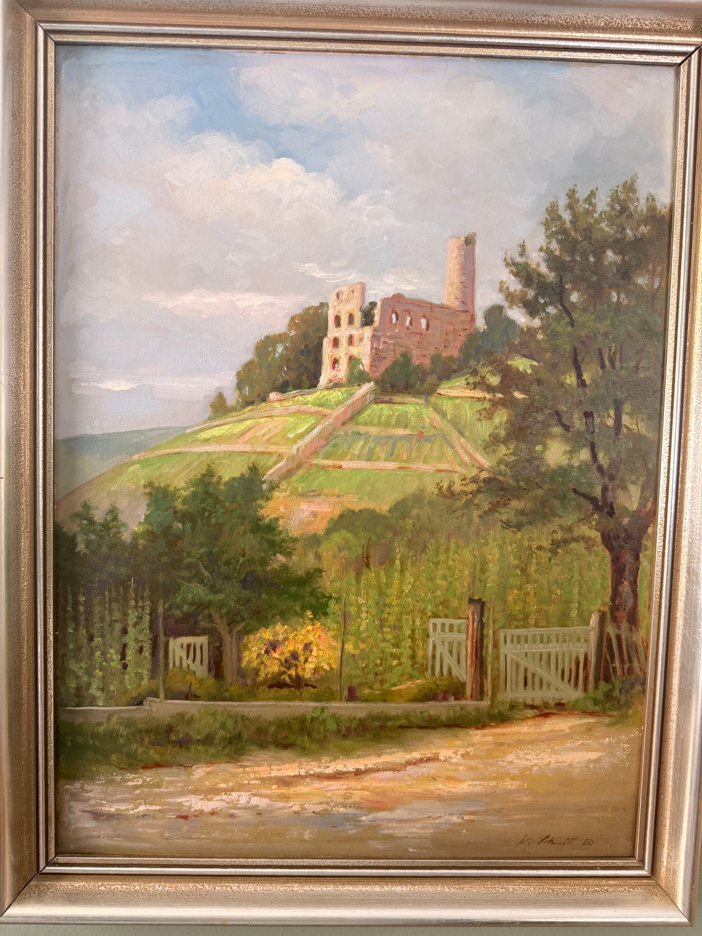 Vintage oil painting of castle ruins with vineyards, signed K. Schmitt 1950