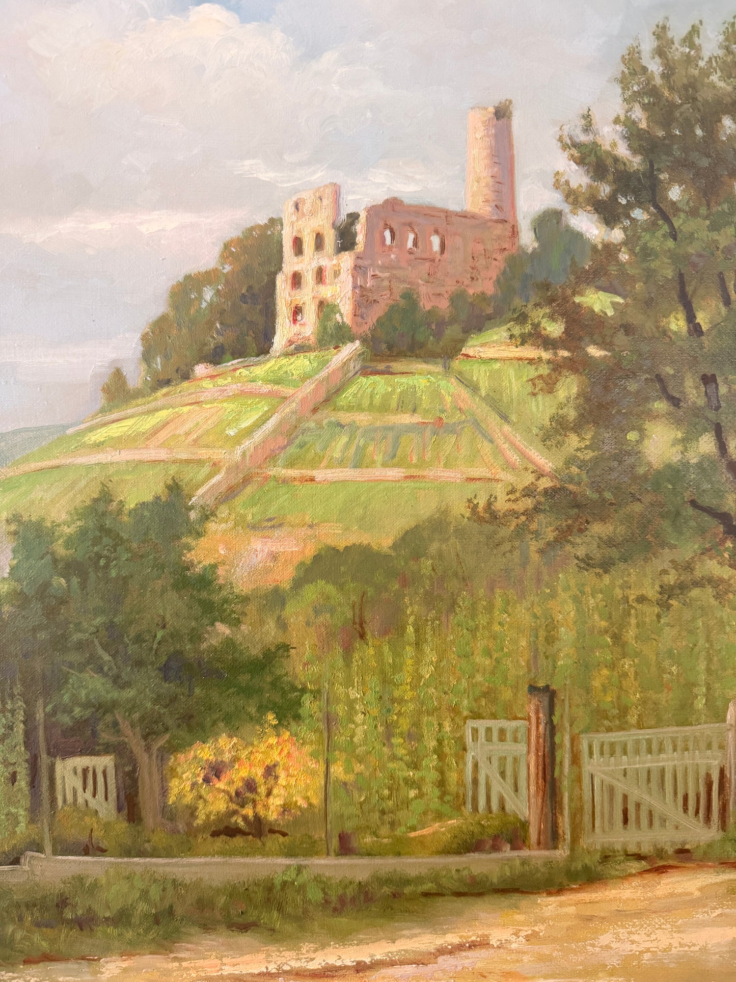 Vintage oil painting of castle ruins with vineyards, signed K. Schmitt 1950
