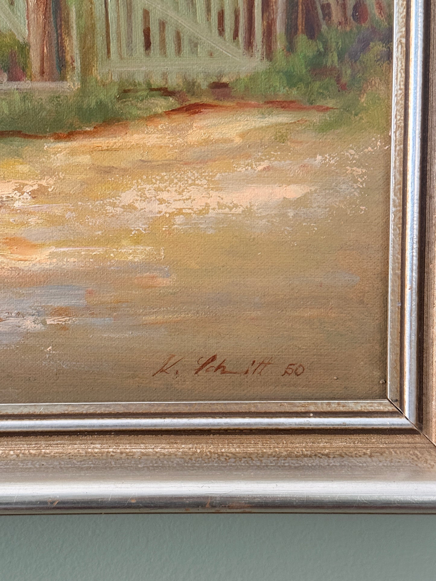 Vintage oil painting of castle ruins with vineyards, signed K. Schmitt 1950