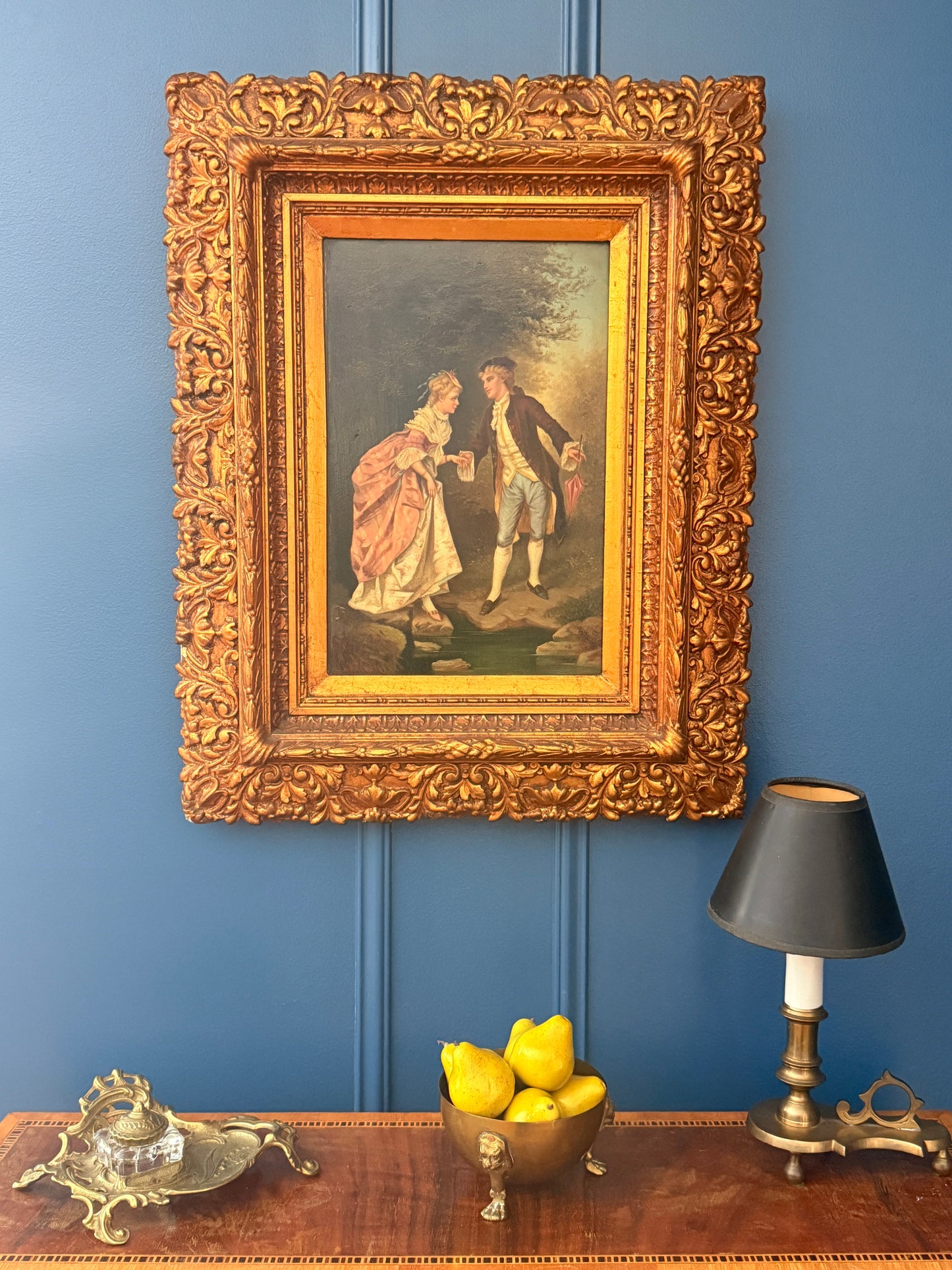 Antique Rococo Revival courting scene, oil on board