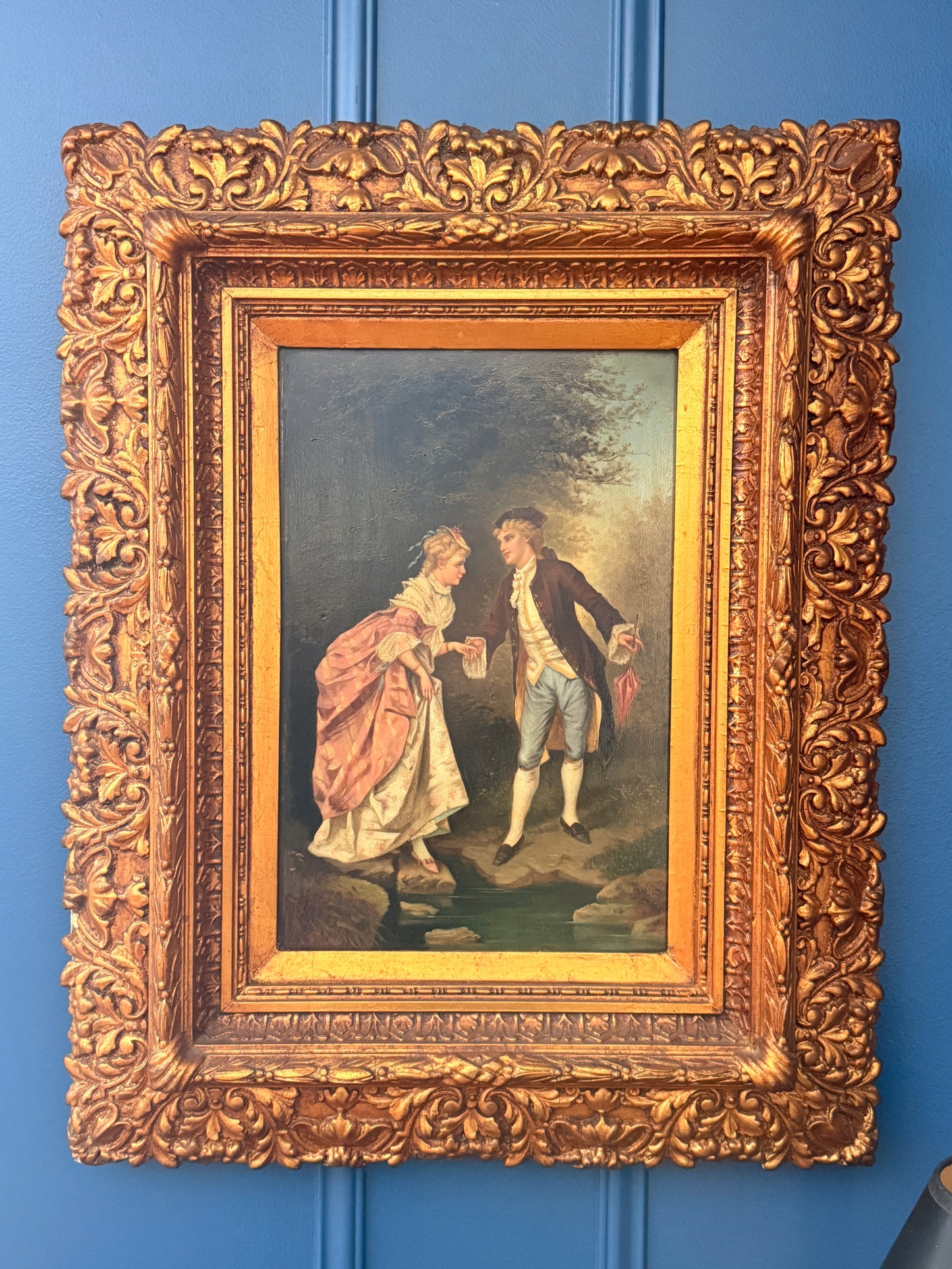 Antique Rococo Revival courting scene, oil on board