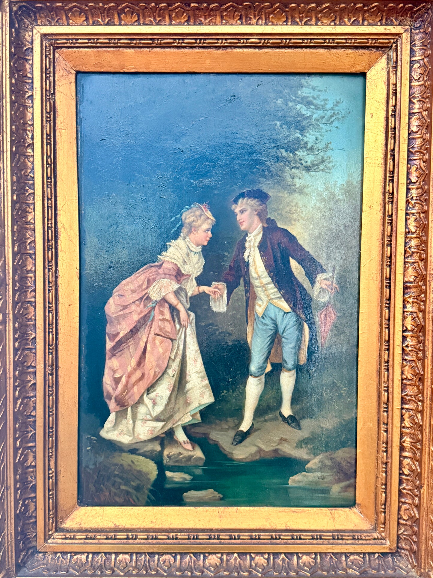 Antique Rococo Revival courting scene, oil on board