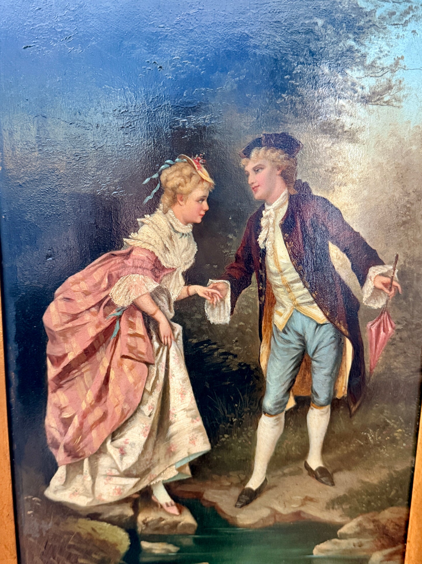 Antique Rococo Revival courting scene, oil on board