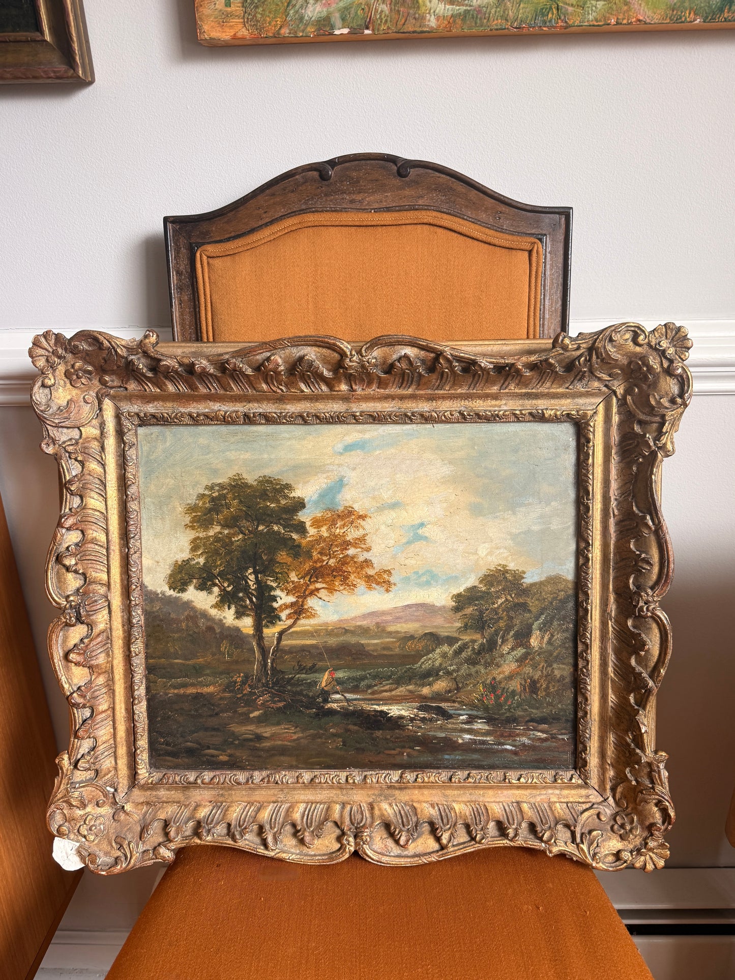 Antique river landscape with angler, oil on canvas