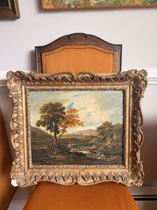 Antique river landscape with angler, oil on canvas