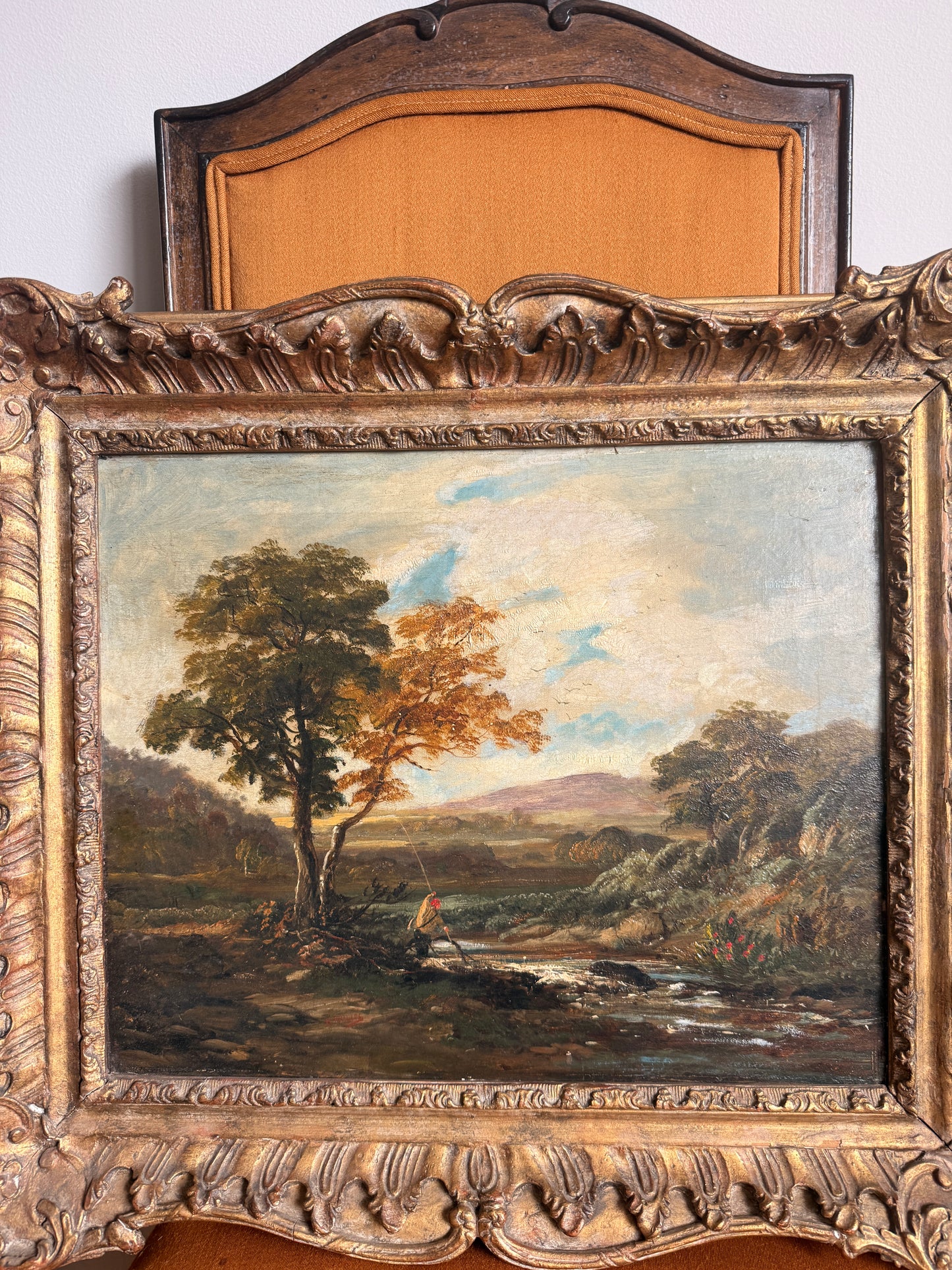 Antique river landscape with angler, oil on canvas