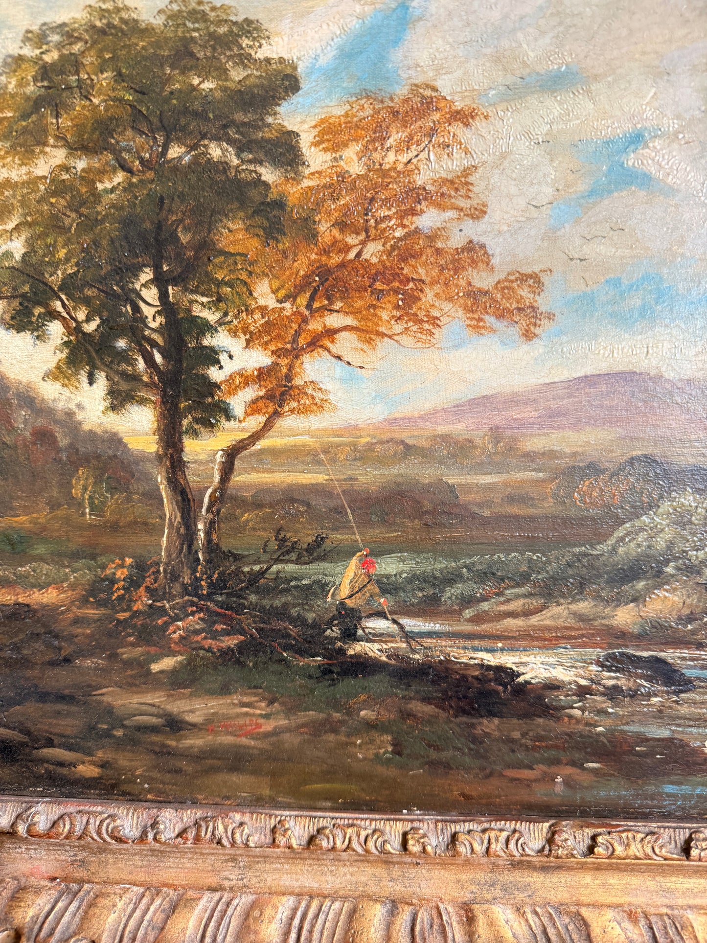 Antique river landscape with angler, oil on canvas