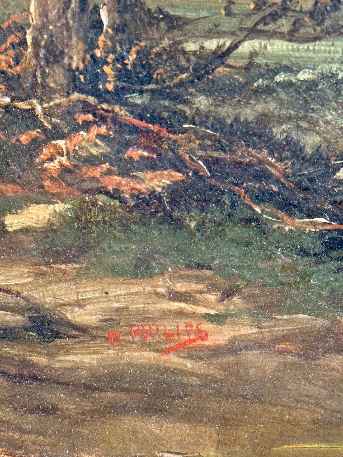 Antique river landscape with angler, oil on canvas