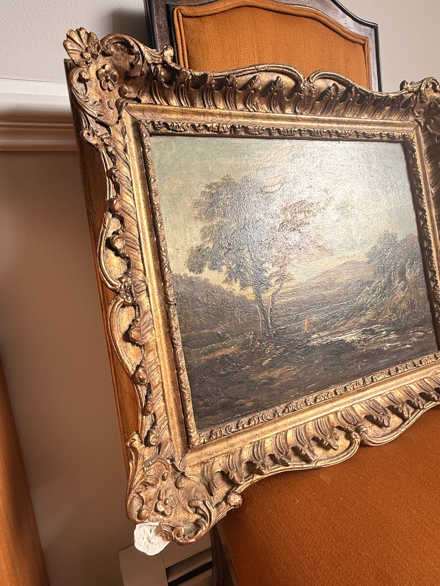 Antique river landscape with angler, oil on canvas