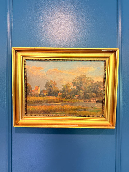 Antique pastoral river landscape with ducks, oil on canvas