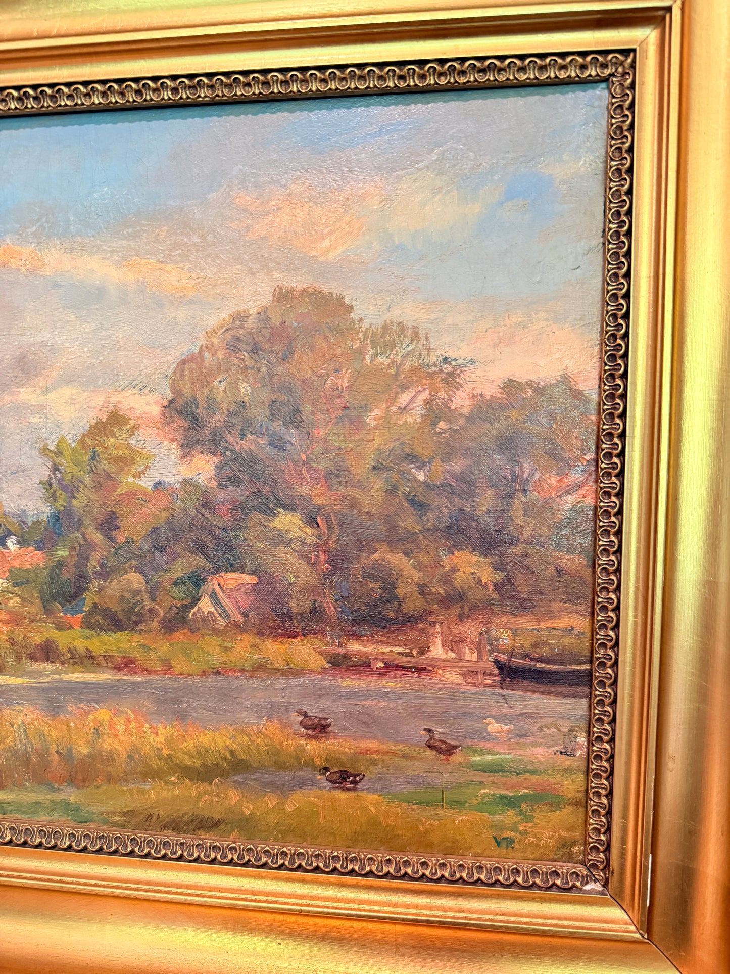 Antique pastoral river landscape with ducks, oil on canvas