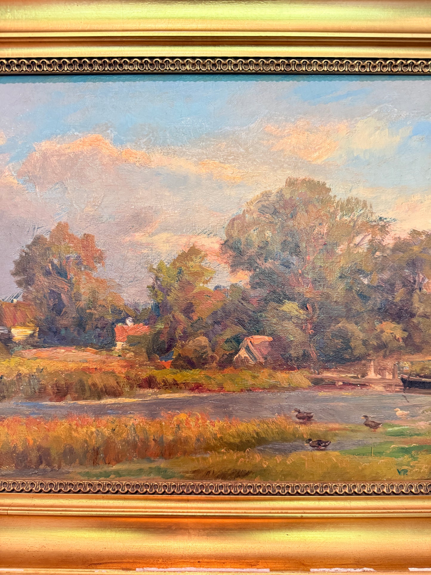 Antique pastoral river landscape with ducks, oil on canvas