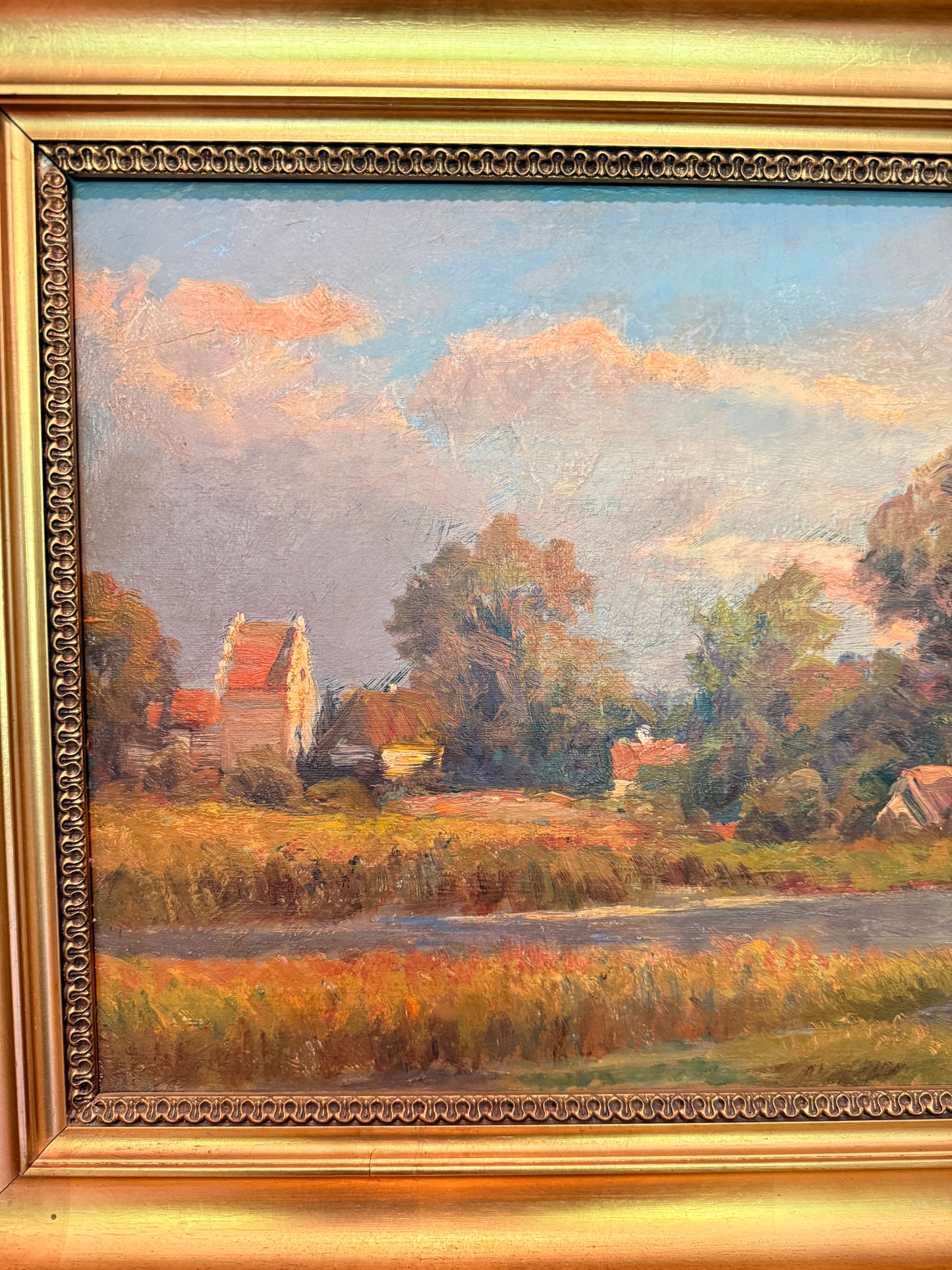 Antique pastoral river landscape with ducks, oil on canvas