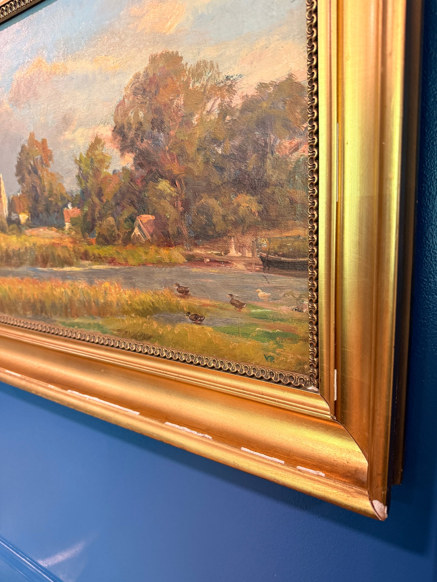 Antique pastoral river landscape with ducks, oil on canvas