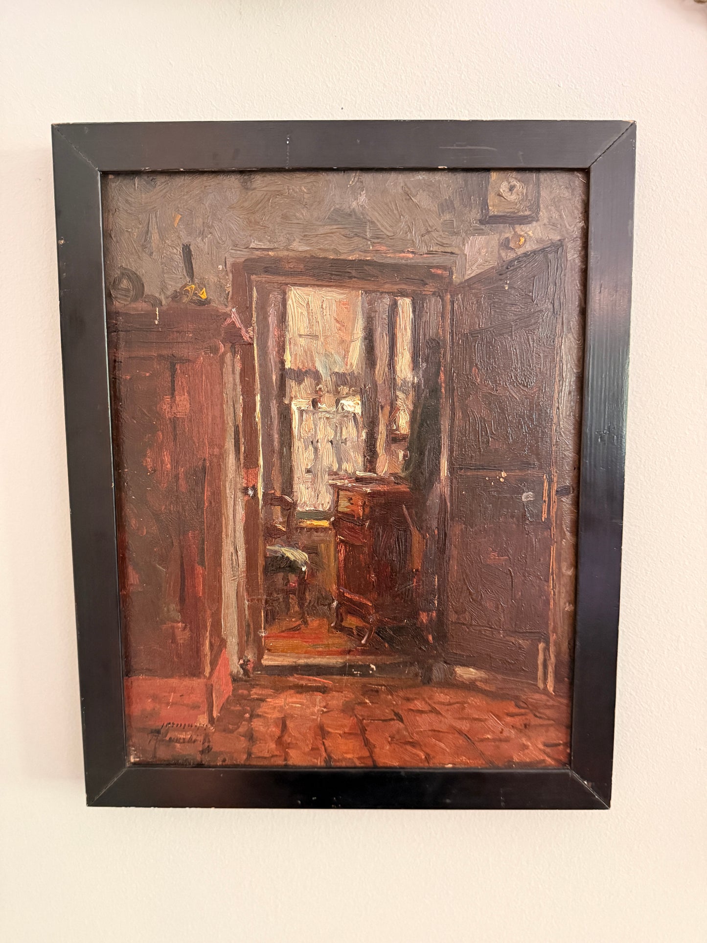Moody interior scene, signed Herrmann, oil on board
