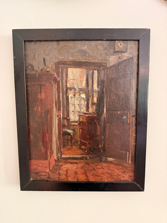 Moody interior scene, signed Herrmann, oil on board
