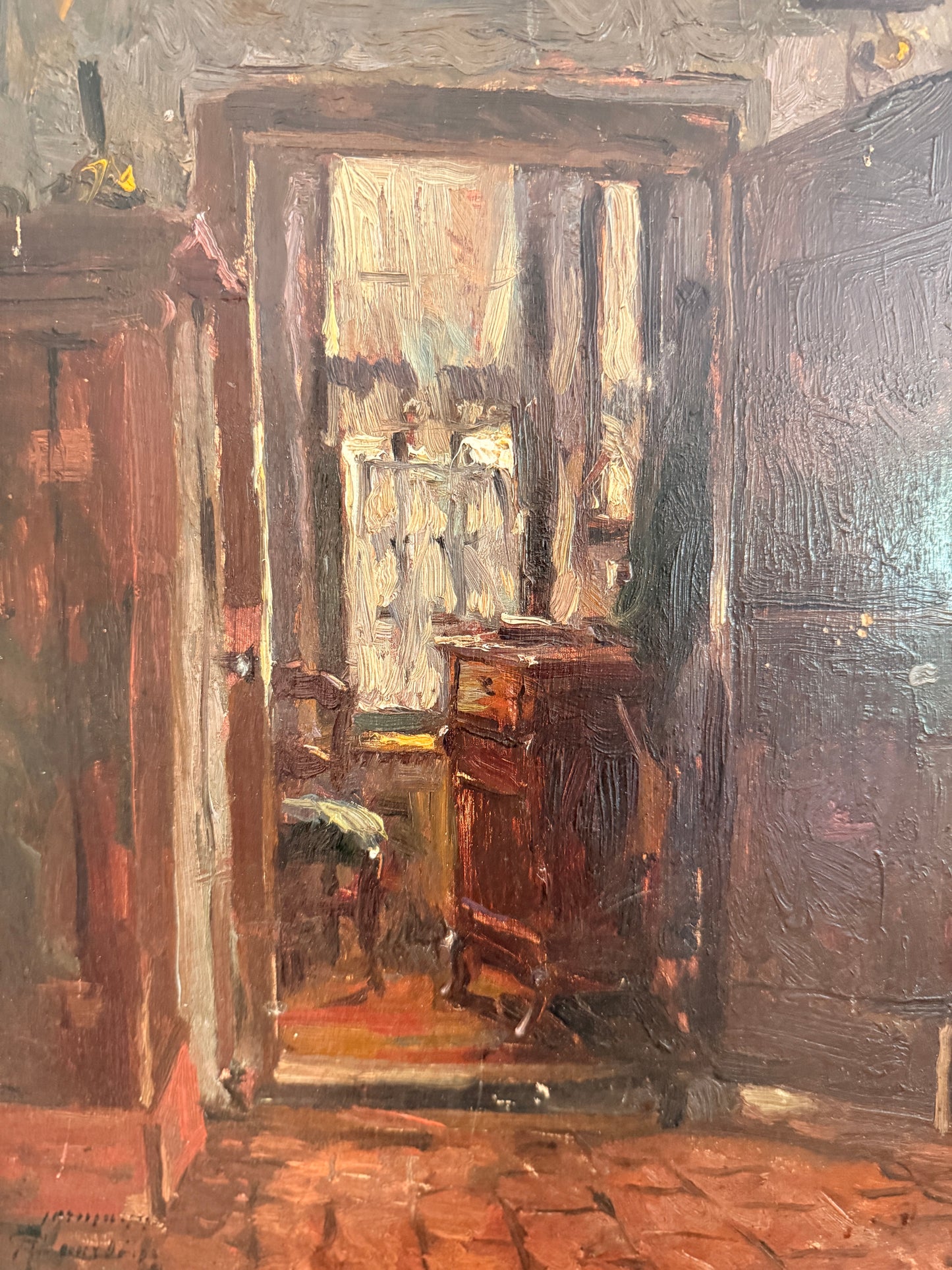 Moody interior scene, signed Herrmann, oil on board