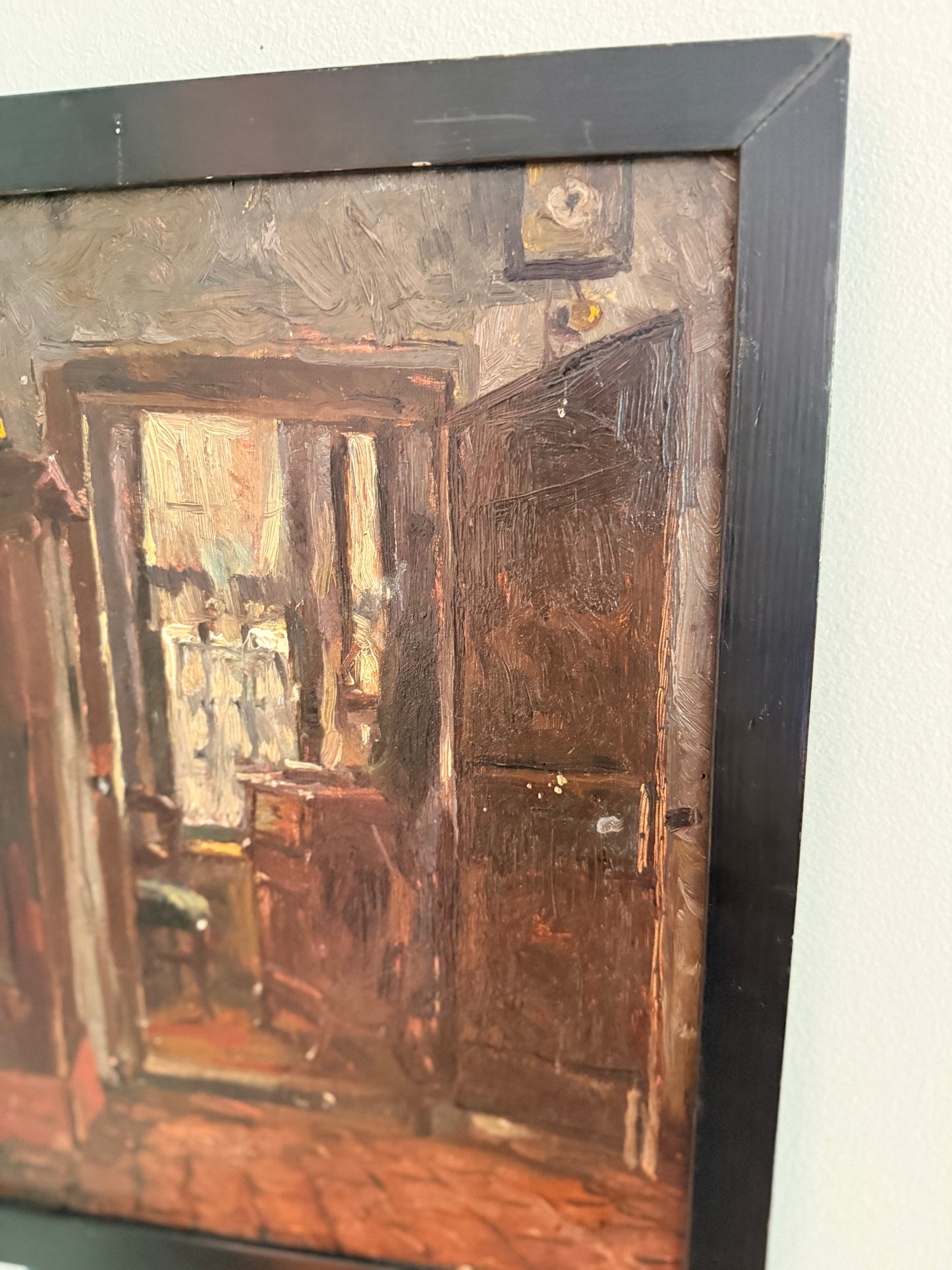 Moody interior scene, signed Herrmann, oil on board